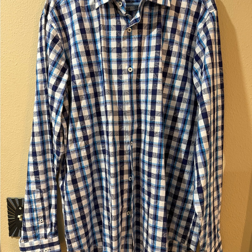 Bugatchi Navy and White Plaid Men's Shirt